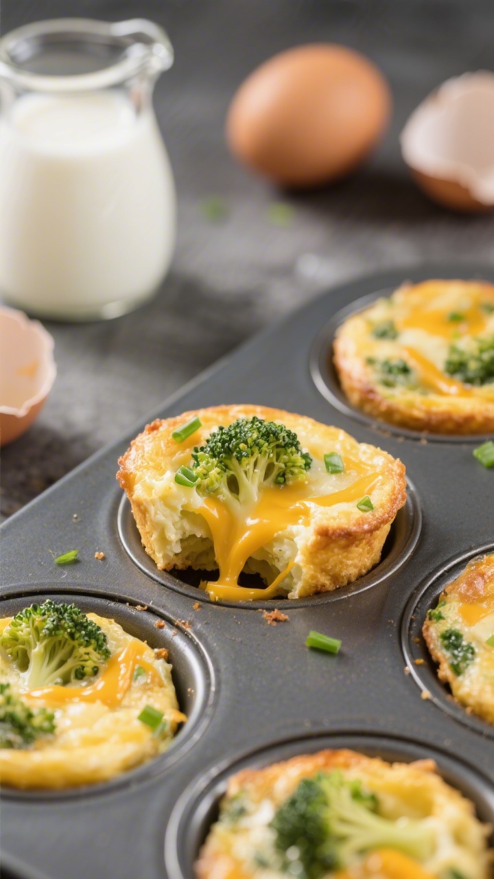 Close-up of cheesy broccoli egg bites in a muffin tin: puffy, golden-edged mini frittatas packed with finely chopped steamed broccoli, ribbons of melted mild cheddar, and tiny green flecks of chives. One egg bite cut open to reveal custardy interior and stretchy cheese, shot straight-on at tray level with shallow depth of field; a small jug of milk and cracked eggshells blurred in the background.