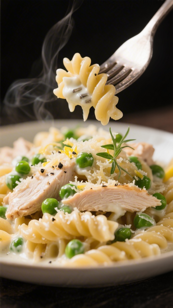 Close-up of creamy Greek yogurt chicken pasta with peas being twirled on a fork: rotini coated in a glossy Greek yogurt-Parmesan sauce, tender shreds of rotisserie chicken and bright green peas nestled between noodles, micro-grated Parmesan dusted on top, cracked black pepper and a hint of lemon zest sparkle, steam faintly visible; warm, inviting light and tight depth of field emphasizing the velvety sauce.