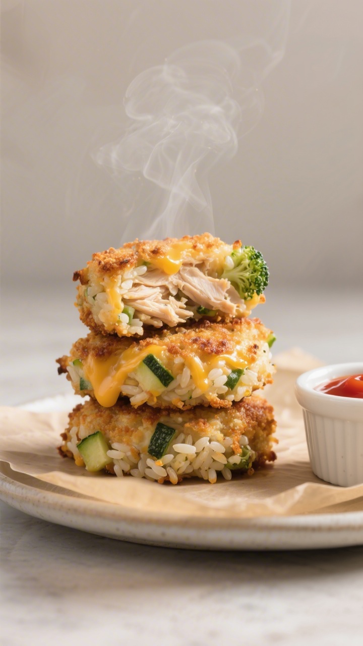 Close-up of crispy-cheesy chicken veggie rice nuggets stacked on a small parchment-lined plate: visible grains of cooked rice bound with shredded chicken, flecks of finely grated zucchini and tiny broccoli bits peeking through, edges browned and crunchy, interior moist and cheesy; a ramekin of ketchup or mild dipping sauce beside them, steam subtly rising, tight composition highlighting texture and golden crust, neutral background.