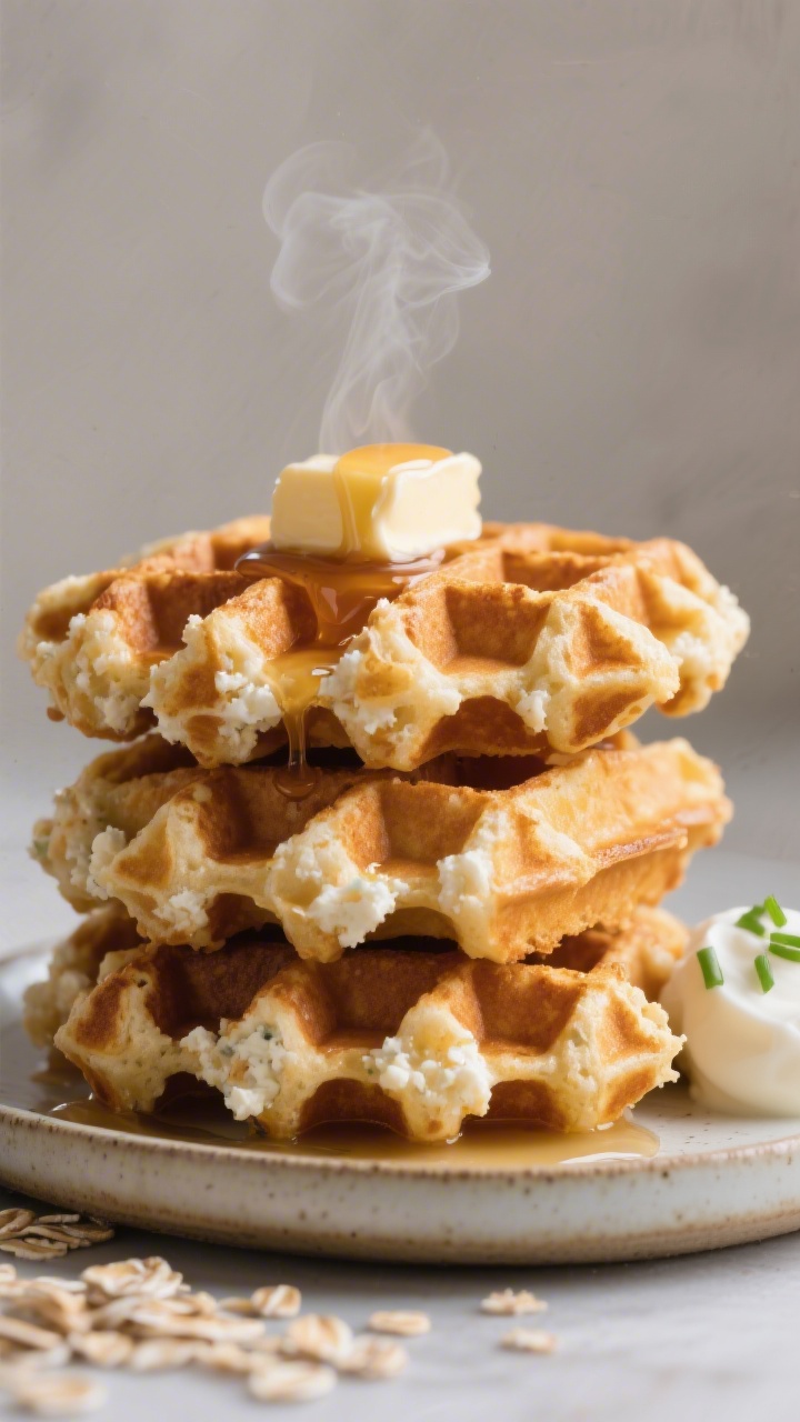 Close-up of crispy cottage cheese waffles stacked on a small ceramic plate: golden, deeply crisp grid with airy pockets, made from cottage cheese, eggs, rolled oats, baking powder, vanilla, and a pinch of salt; steam faintly rising, edges extra crunchy; two styling variants on the same set—one sweet with a pat of butter and maple syrup drizzle, one savory with a dollop of Greek yogurt and chives in the background; shot at 45 degrees for texture emphasis, neutral backdrop.