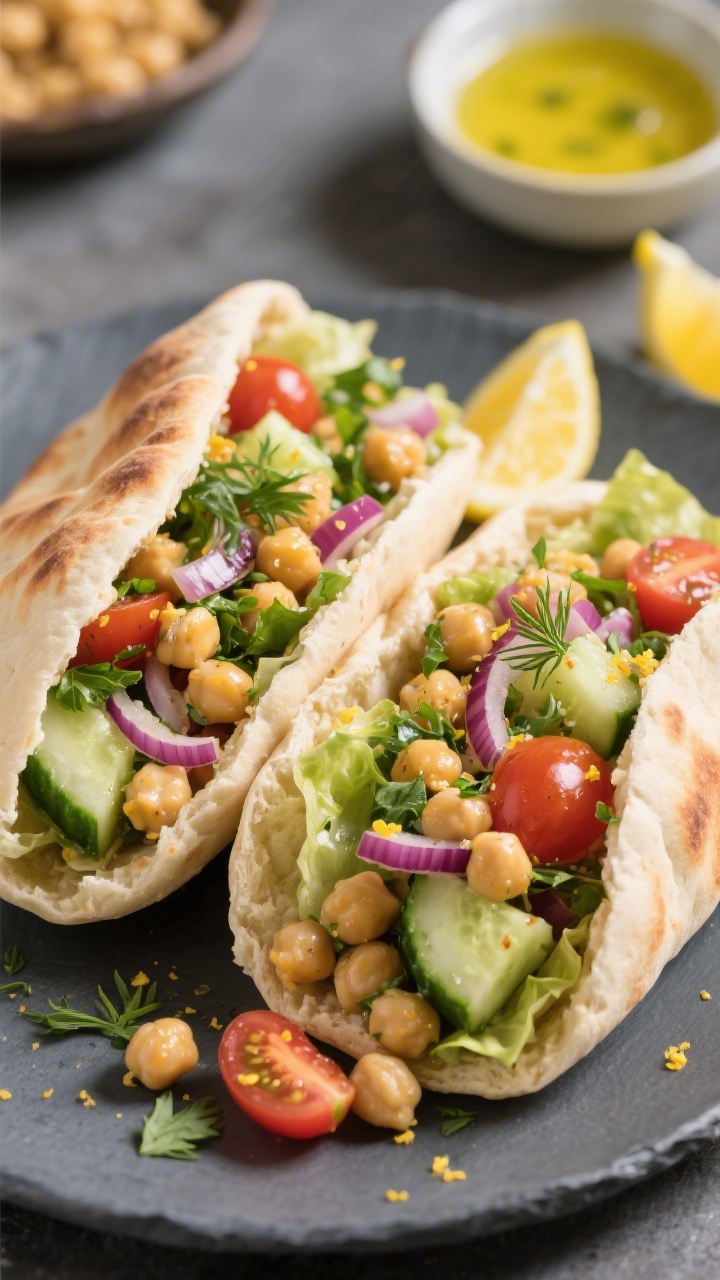 Close-up of Crunchy Chickpea Salad Pita Pockets: warm pita halves stuffed to the brim with smashed-and-whole chickpeas from 1 can (15 oz), crisp cucumbers, cherry tomatoes, red onion, chopped parsley, and romaine, all tossed in a zesty lemon-herb dressing with visible lemon zest and flecks of dill. Focus on the texture contrast—crunchy veg, tender chickpeas, fluffy pita—shot on a matte slate plate with a small bowl of lemony dressing and lemon wedges in the background.