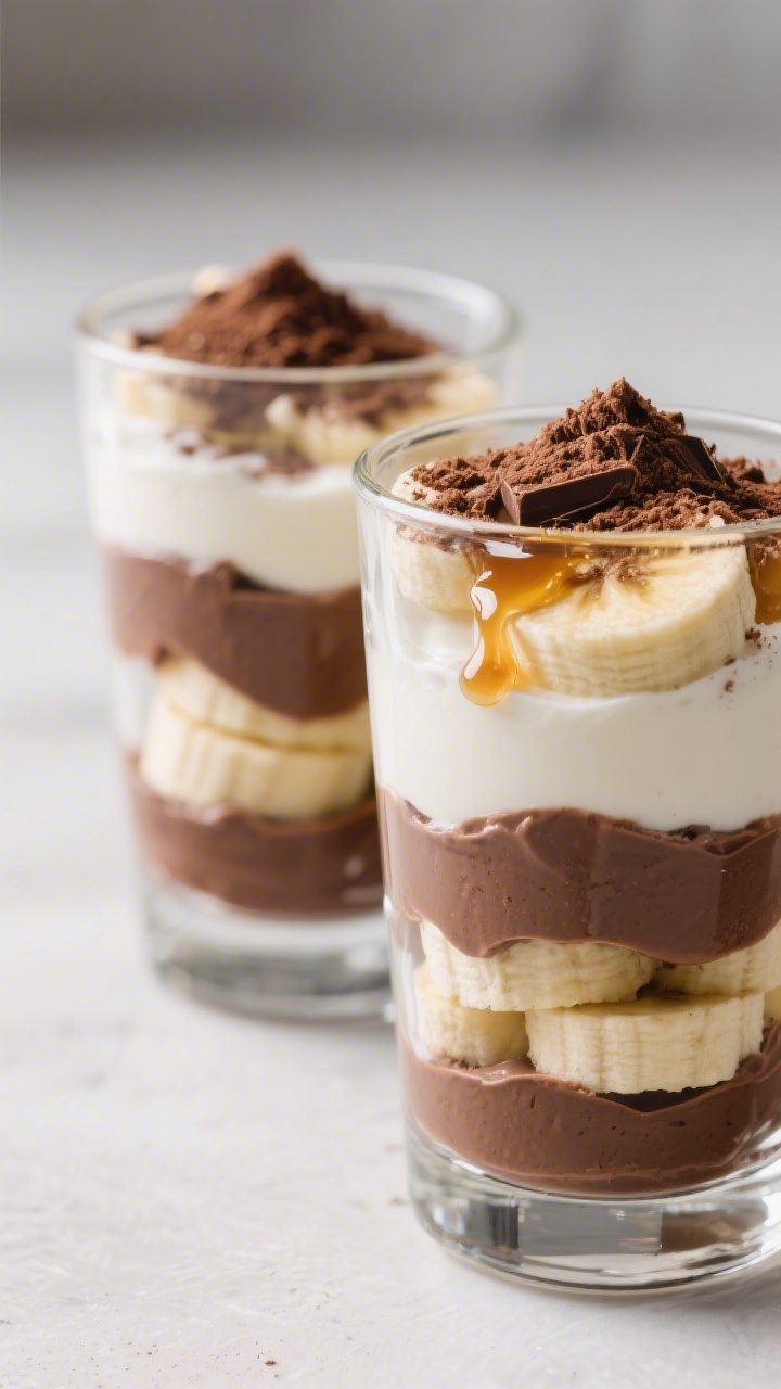 Close-up of layered chocolate banana Greek yogurt parfaits in clear glass tumblers: creamy plain Greek yogurt whisked with unsweetened cocoa, sweetened with maple syrup, and scented with vanilla; neat layers of cocoa yogurt, sliced ripe bananas, and a final glossy drizzle of honey; sprinkled cocoa dust on top, minimal modern backdrop for a decadent yet wholesome vibe.