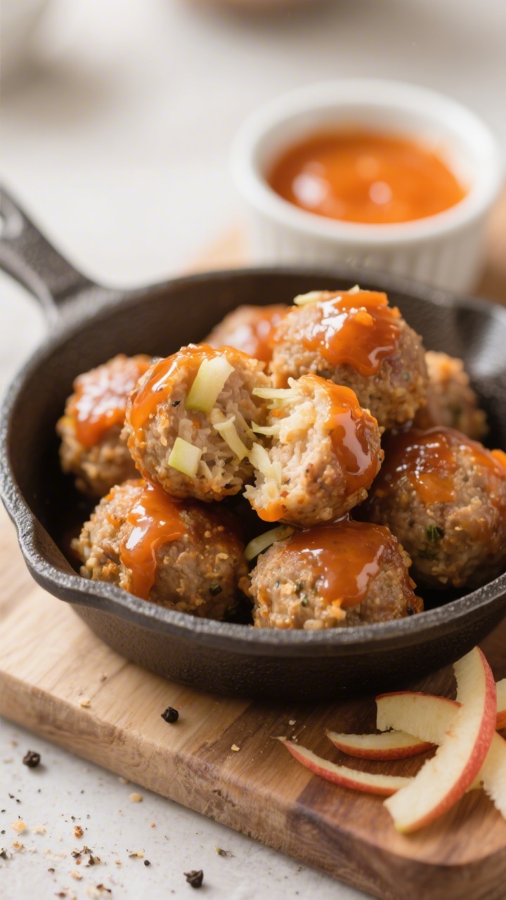 Close-up of Mini Chicken Apple Meatballs glazed with a glossy sweet carrot sauce, piled in a small enamel skillet; cut meatball showing moist interior with fine apple shreds and breadcrumbs, seasoned with a hint of garlic powder and black pepper; a ramekin of extra carrot glaze beside it and a few grated apple strands on the board; soft, natural light and shallow depth of field for appetizing shine.