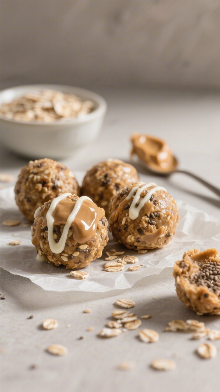 Close-up of no-bake peanut butter oat balls on parchment: rustic round bites speckled with quick oats and ground flaxseed, glossy from natural peanut butter; a delicate zigzag yogurt drizzle on top; a small bowl of oats and a spoon with peanut butter in the background; side lighting to highlight texture, matte neutral backdrop.