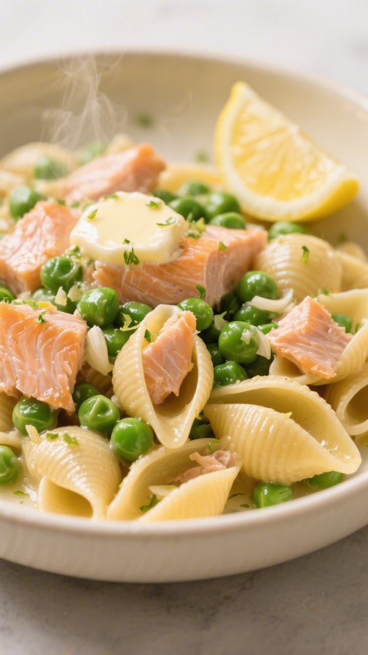 Close-up of salmon pea pasta with lemon butter, plated in a cream ceramic bowl: small pasta shells glossy with butter, juicy flakes of canned salmon evenly distributed, bright green frozen peas popping with color, tiny bits of minced garlic, and a fresh lemon wedge on the rim. Butter sheen and micro-zest scattered over the top, gentle steam, shallow depth of field to emphasize silky texture and “tiny shells, big flavor” appeal.
