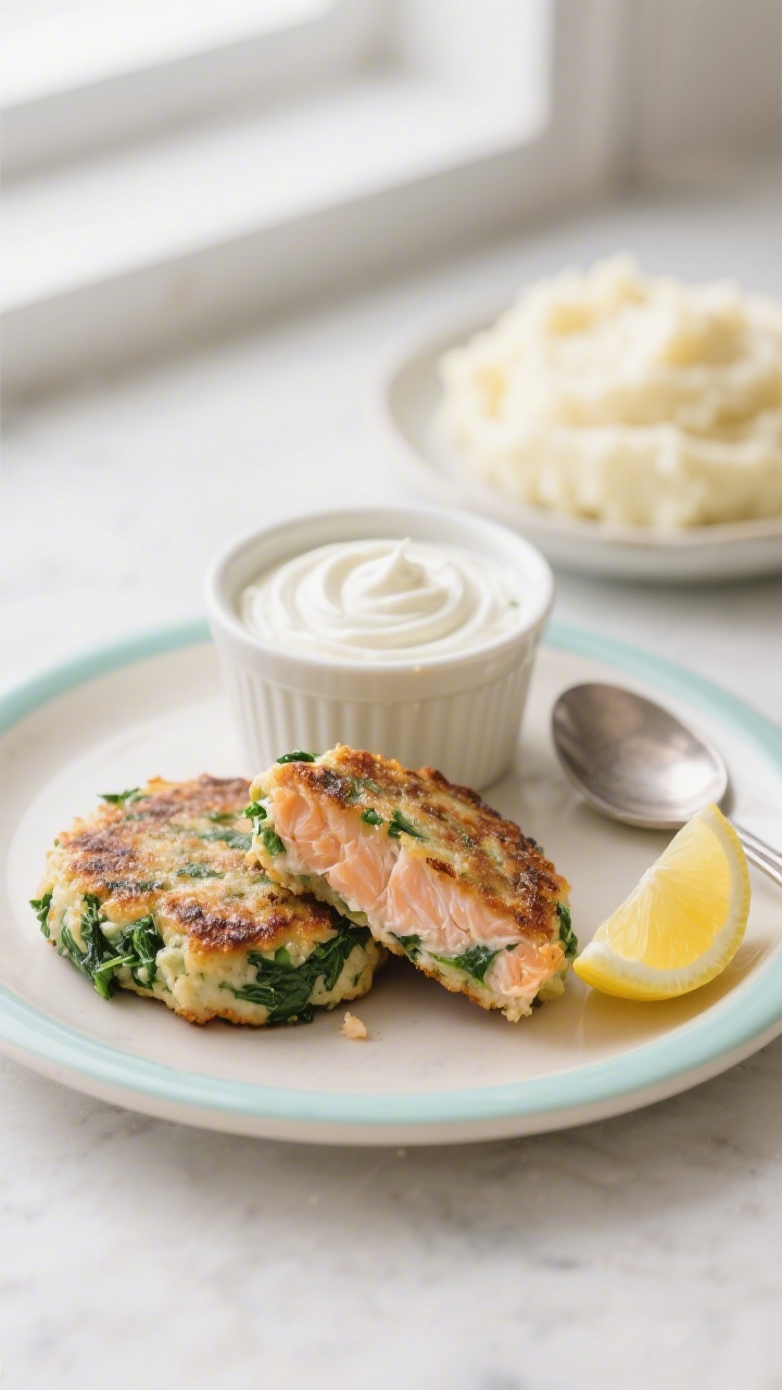 Close-up of salmon-spinach patties seared to a light crisp, showing flaky salmon and finely chopped spinach inside; served on a small toddler-friendly plate with a dollop of lemon yogurt dip swirled in a ramekin, a lemon wedge nearby; a spoonful of plain mashed potato in the background to hint at the binder; soft window light, clean minimal styling.
