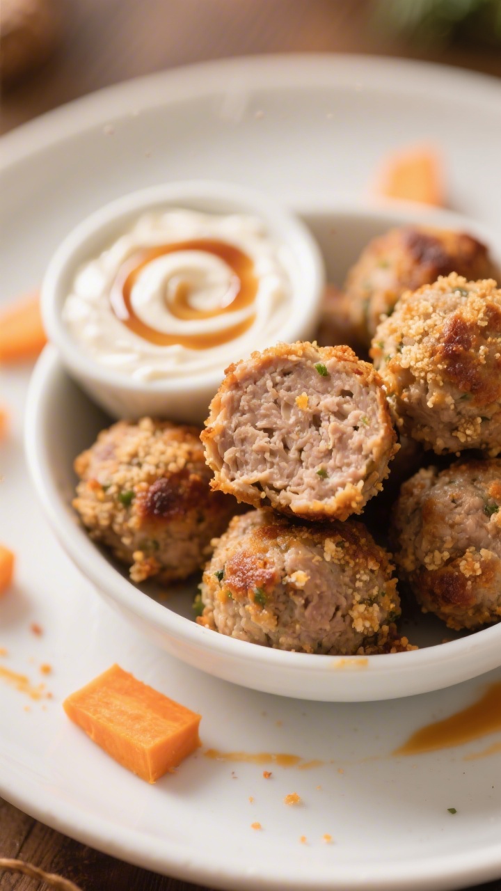 Close-up of soft sweet potato turkey meatballs piled in a small white bowl, lightly browned exteriors showing moist, tender crumb; a side dish of maple yogurt dip with a gentle swirl and drizzle on top; fine breadcrumb texture visible on the meatballs, with subtle seasoning cues (onion powder) and a few sweet potato smears on the plate; warm, inviting light with shallow depth of field to highlight the juicy interiors of a sliced meatball.