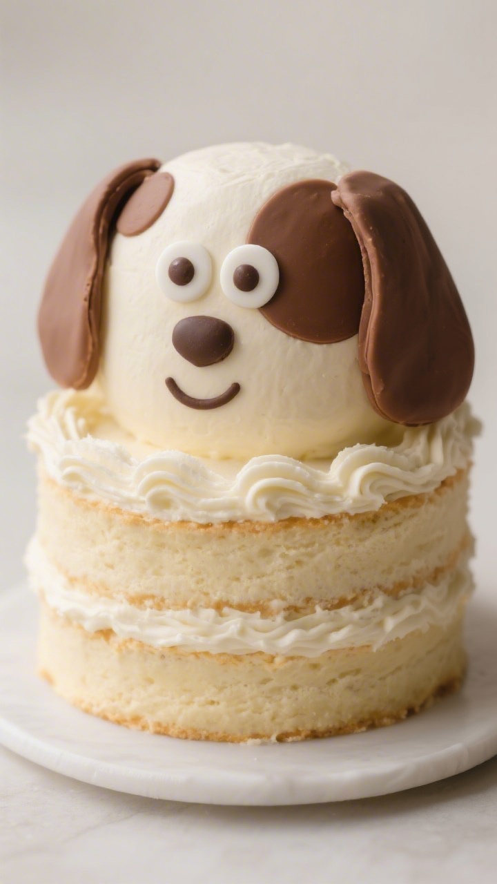 Close-up portrait of a Cartoon Puppy Face Cake with floppy fondant ears: two stacked 7-inch vanilla cake layers smoothly frosted with vanilla buttercream, chocolate buttercream used for cute spots, nose, and smiling mouth, light brown fondant ears draped down the sides with soft folds, small white fondant eyes dotted with chocolate buttercream pupils; soft, diffused light emphasizing creamy frosting swirls and velvety fondant texture, minimalist backdrop for maximum cuteness.