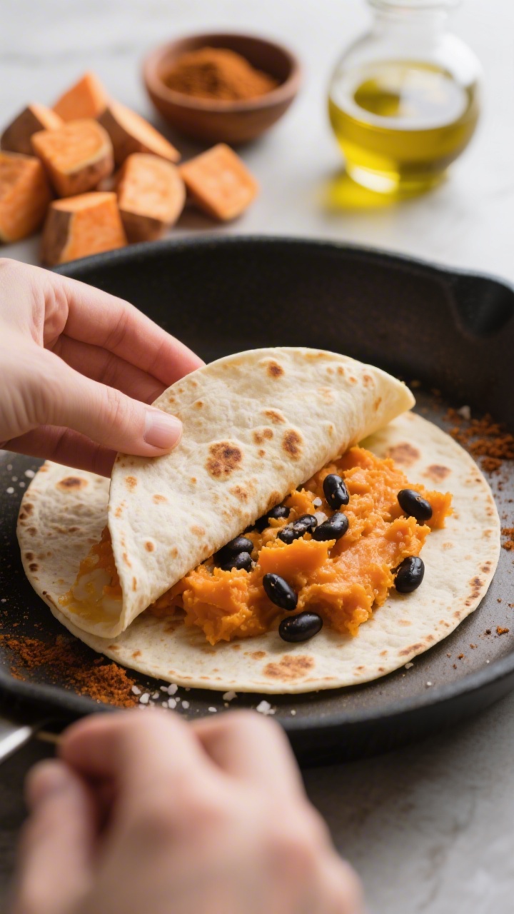Close-up process shot of mini quesadillas being assembled: mashed roasted sweet potatoes seasoned with olive oil, ground cumin, mild chili powder, cinnamon, and a pinch of kosher salt spread onto small tortillas. A few black beans peek through the mash before folding, with one quesadilla on a hot skillet showing light golden-brown spots and melted edges. Ingredients arranged in the background: cubed raw sweet potatoes, spice pinch bowls, and a drizzle of olive oil. Tight depth of field highlighting the velvety orange sweet potato filling contrasted with inky black beans.
