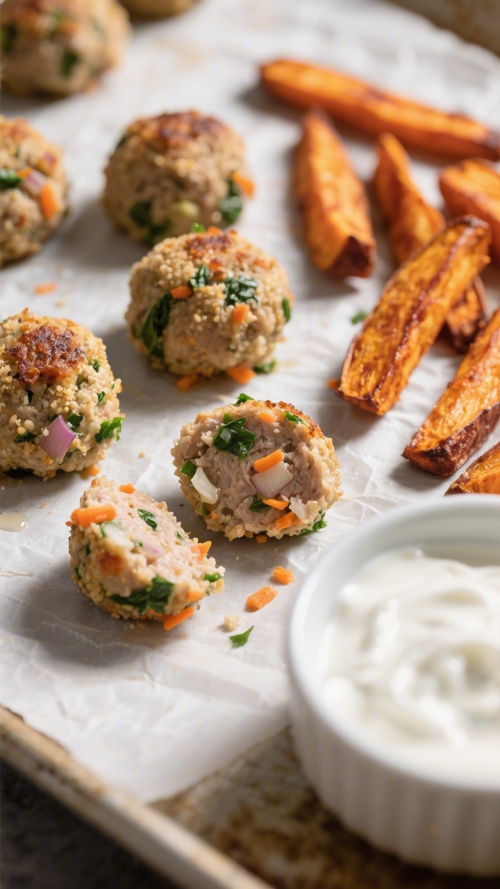 Close-up process shot on a parchment-lined sheet pan: mini chicken-turkey veggie meatballs just baked, lightly browned and juicy with visible flecks of grated carrot, minced onion/shallot, and chopped spinach/parsley; coarse breadcrumb texture on the surface; served alongside sweet potato dippers—roasted batons with caramelized edges; a small dish of yogurt dip in frame; directional light highlighting moist interiors of a halved meatball.