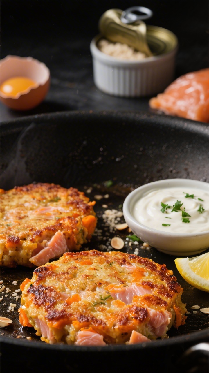 Close-up sear in-pan shot of salmon sweet potato patties: crisp golden crust with tender orange sweet potato flecks and flaky pink salmon visible, edges slightly craggy; a small dish of mild yogurt-lemon dip on the side, lemon wedge, and a sprinkle of finely chopped herbs; breadcrumbs/almond flour in a ramekin, a cracked egg, and canned salmon key in background; moody directional light to emphasize texture and appetizing browning.