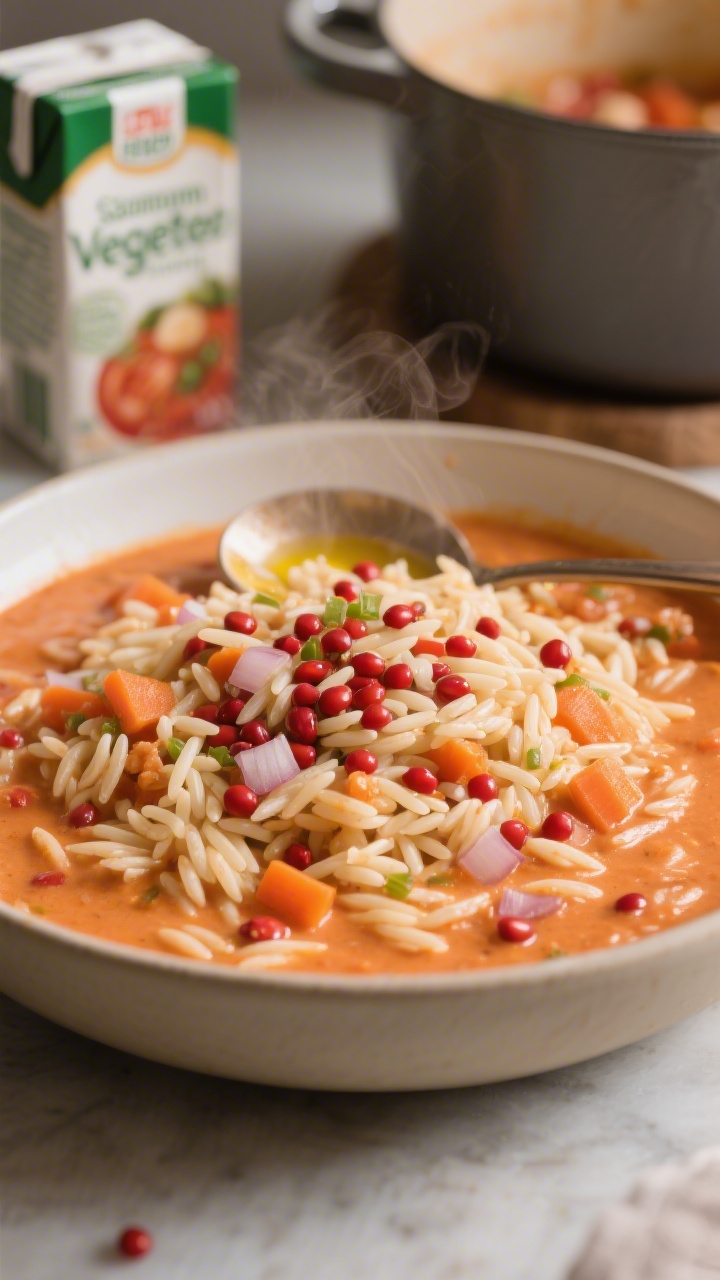 Close-up, shallow-depth-of-field capture of creamy tomato orzo with sneaky red lentils in a wide, low bowl: pearly orzo swirled into a velvety tomato base, tiny tender red lentils seamlessly blended in, flecks of finely chopped onion, carrot, and minced garlic visible; a gentle gloss from olive oil, hints of steam; a ladle resting in a Dutch oven in the background with low-sodium vegetable/chicken broth carton partially visible; warm, cozy tones, soft highlights on the creamy sauce.