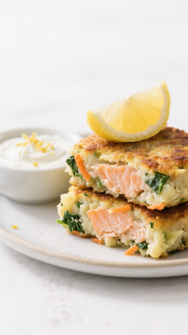 Close-up shot of soft salmon veggie patties stacked on a small plate, golden on the outside, cut edge revealing flaked canned salmon, mashed potato, and very fine bits of spinach/kale and grated carrot. A small bowl of lemon-yogurt dip with lemon zest on top and a lemon wedge alongside. Texture-focused lighting to emphasize crisp exterior and tender interior, shallow depth of field, clean white background for a fresh, nutritious feel.