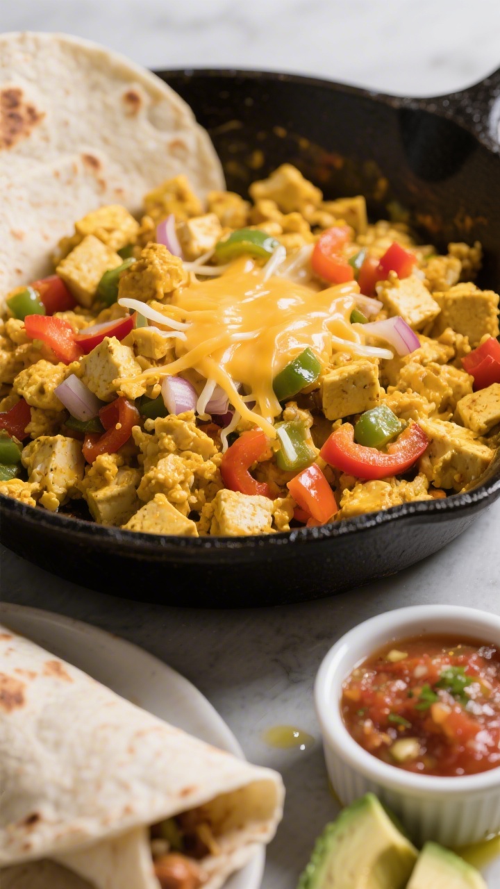 Close-up skillet action of cheesy tofu scramble: firm tofu crumbles tinted golden with turmeric, dotted with finely diced bell pepper and optional onion, melty cheese threads pulling through; warm tortillas on the side ready for roll-ups, a ramekin of mild salsa and a few avocado slices nearby; butter/olive oil sheen visible; shallow depth of field emphasizing the curds and colorful veg.