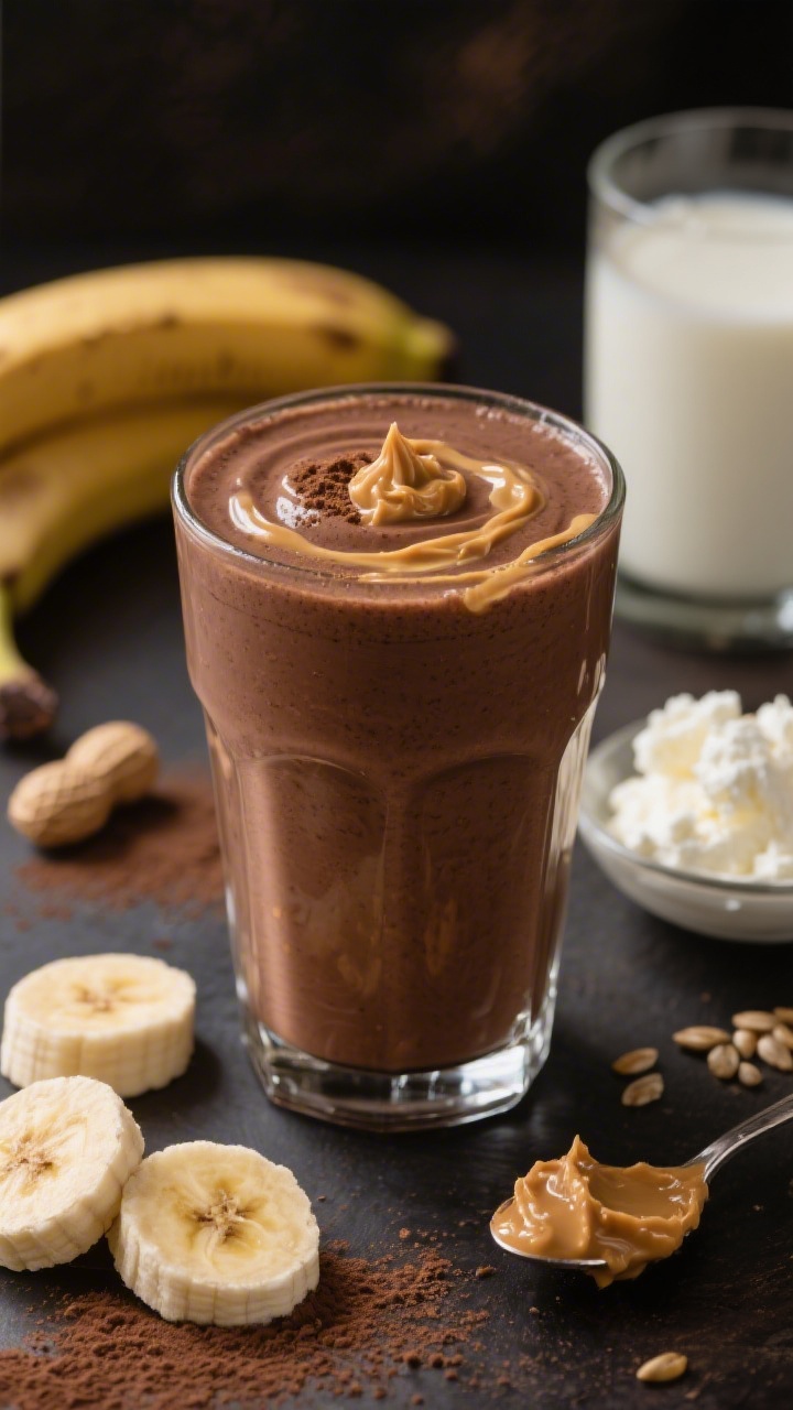 Close-up, straight-on hero shot for a Peanut Butter Cup Smoothie: a thick chocolatey-brown smoothie in a short clear glass with visible swirls of peanut butter on the inside, garnished with a tiny drizzle of peanut butter and a dusting of cocoa; ingredients styled around—frozen banana coins, a spoonful of peanut butter (or sunflower seed butter), a small dish of cottage cheese/Greek yogurt, and a glass of milk; moody, rich tones, tight depth of field to emphasize creaminess, no people.