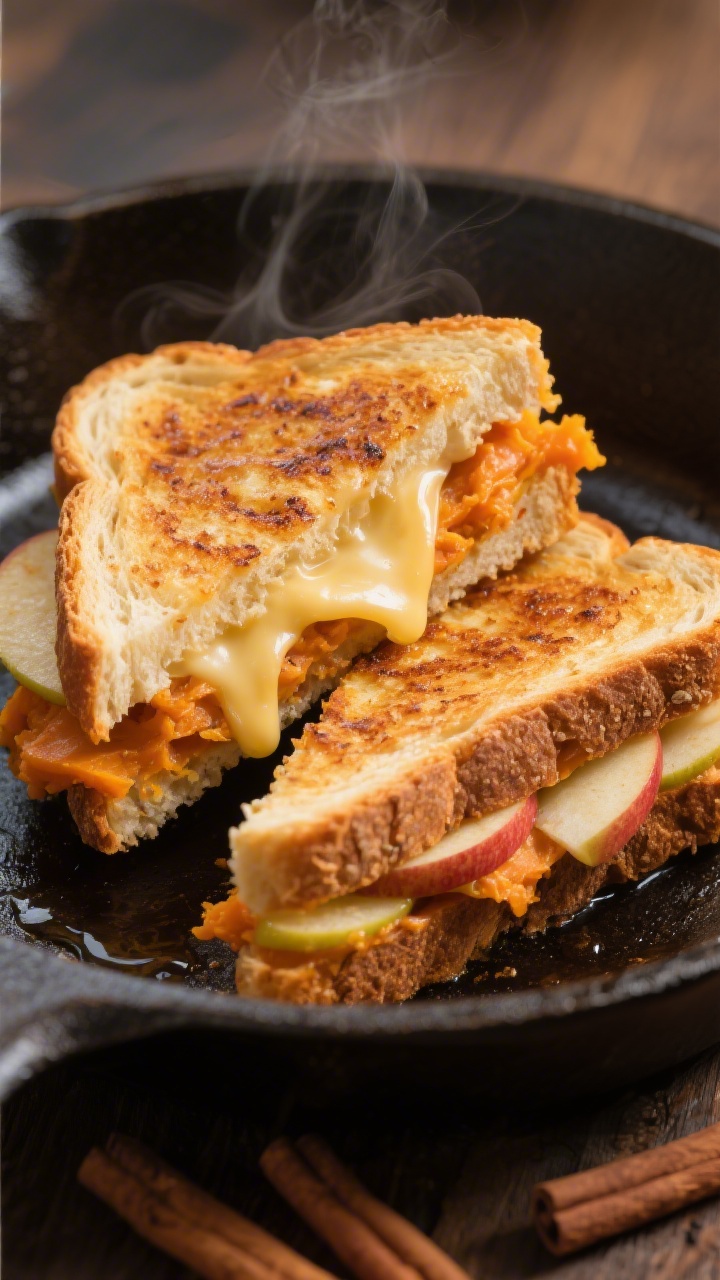 Close-up, straight-on melt shot of “Apple-Cinnamon Grilled Cheese With Hidden Sweet Potato”: two slices of soft brioche or whole wheat bread griddled golden, filled with mashed roasted sweet potato, ultra-thin peeled apple slices, and mild cheddar or mozzarella; cheese visibly gooey at the seam, a whisper of cinnamon on the apples; cut diagonally with a gentle pull-apart to showcase layers; warm tones, cast-iron skillet in background, slight steam for coziness.