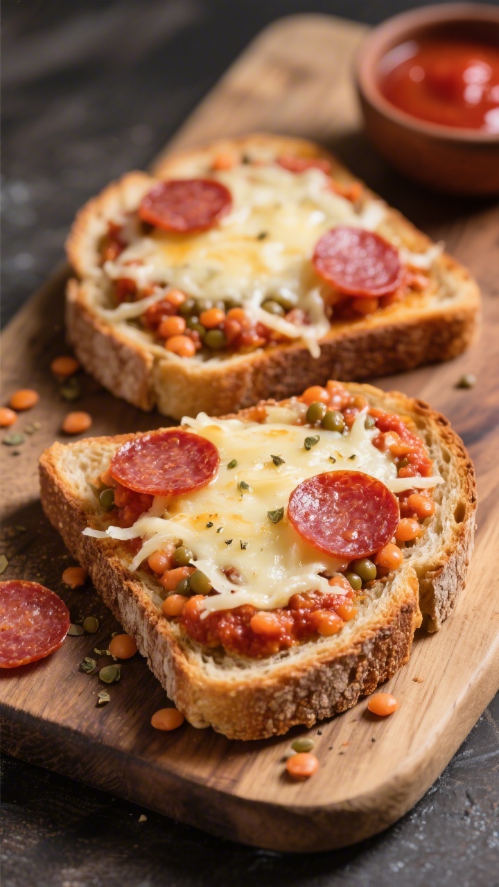 Close-up straight-on of sneaky lentil pizza toast: two slices of whole-grain bread toasted, topped with a smooth mash of very soft red lentils blended with marinara and a hint of Italian seasoning, crowned with a generous layer of shredded mozzarella melted to bubbly, lightly browned patches; a few mini pepperoni slices placed sparingly; served on a rustic board with a small bowl of extra sauce; rich reds and golden cheese tones.