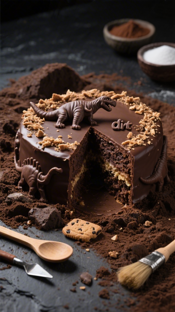 Close-up straight-on shot of a chocolate dinosaur dig cake with a “fossil excavation” scene: rich dark chocolate cake base made with cocoa powder, flour, baking powder, baking soda, fine salt, and sugar, topped with cookie-crumb “dirt” and partially “unearthed” chocolate dinosaur shapes; a slice cut out to reveal the moist crumb; scattered tools as props (wooden spoon, pastry brush) and small bowls of cocoa and sugar in the background; dramatic side lighting to accent depth, dark slate surface for contrast, ultra-textured crumb and crumbly “soil” in sharp focus.