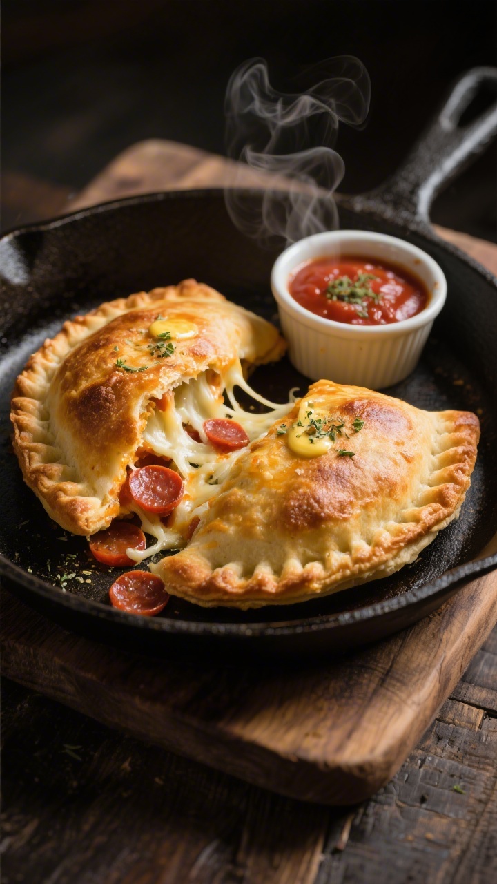 Close-up, straight-on shot of cheesy pizza pockets just off the skillet: two golden-brown sealed pockets made from sturdy sandwich bread brushed with softened butter, edges crimped, one pocket torn open with gooey shredded mozzarella stretch, a glisten of pizza sauce inside and a few mini pepperoni slices visible; a sprinkle of Italian seasoning on top, tiny steam wisps, served on a small cast-iron skillet over a rustic wood board with a ramekin of marinara for dipping, moody yet appetizing light.