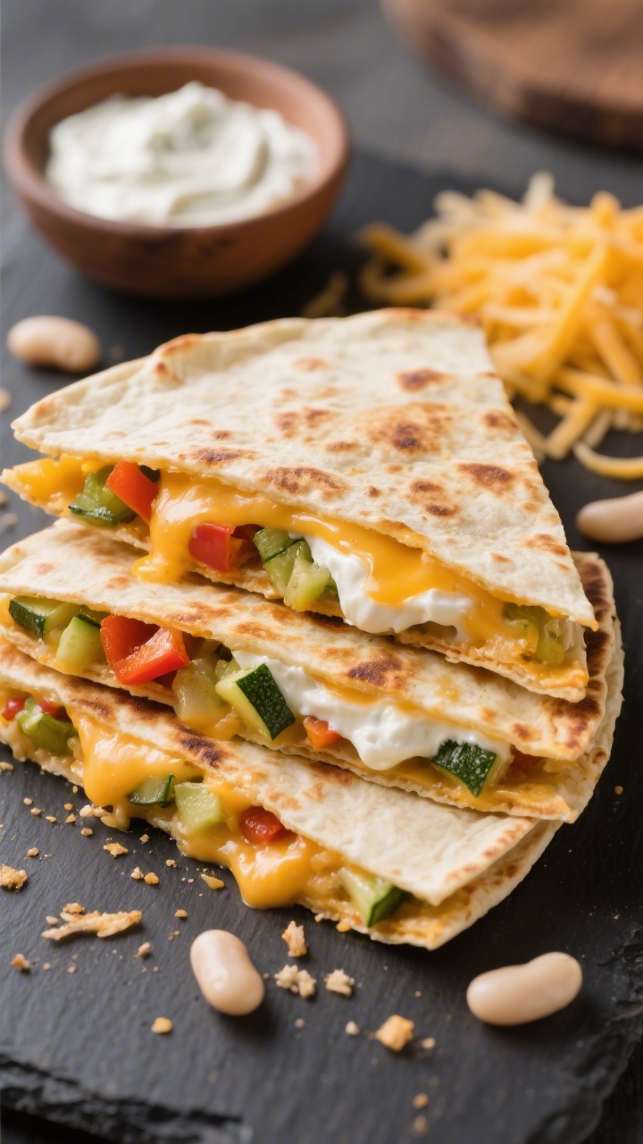 Close-up straight-on shot of cheesy veggie quesadilla wedges stacked slightly offset to reveal molten Monterey Jack with finely chopped bell pepper and zucchini-style veggies, plus a hidden creamy white bean and Greek yogurt spread layer peeking through; golden blistered tortillas with crisp edges, scattered crumbs and a few visible white beans on the board; small bowl of extra bean-yogurt spread and a handful of shredded cheese in the background, shallow depth of field