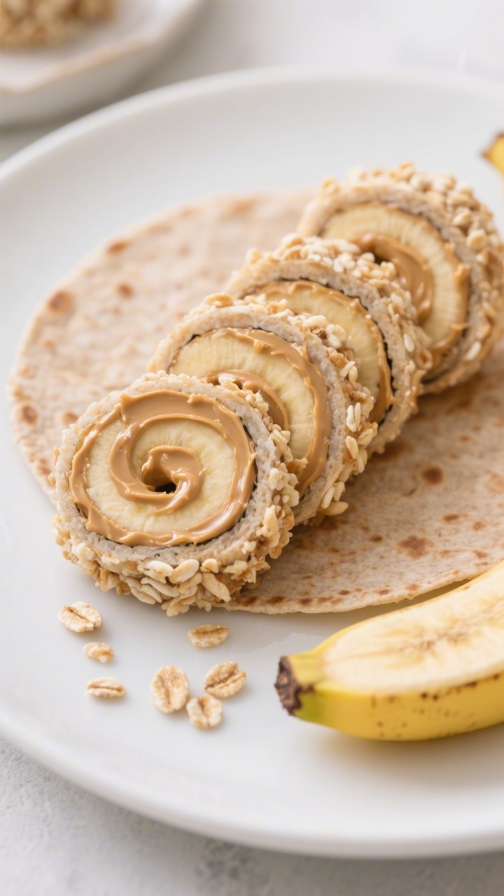 Close-up, straight-on shot of Peanut Butter Banana “Sushi” Rolls: a whole-wheat tortilla spread with natural peanut butter, wrapped around a ripe banana, sliced into bite-sized pinwheels, edges rolled in crushed crispy rice cereal for a crunchy coating. Arrange neatly on a simple white plate with a few cereal crumbs and a sliced banana end shown; creamy peanut butter sheen, visible tortilla grain, and crisp coating texture, bright cheerful mood, no people.