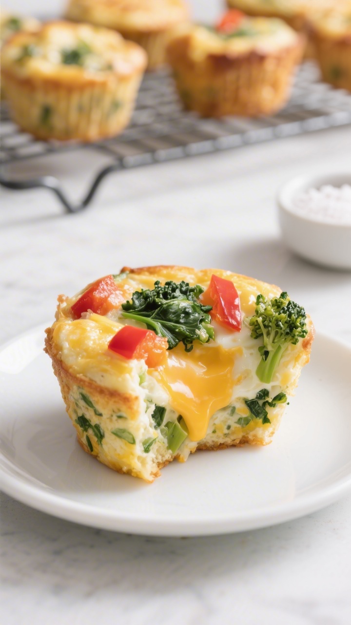 Close-up, straight-on slice view of cheesy veggie egg muffins on a small white plate: moist, tender egg studded with finely chopped spinach, red bell pepper, and broccoli, gooey pockets of melted mild cheddar and a soft sheen from milk; a cooling rack with more muffins blurred in the background, salt pinch dish nearby; clean, bright breakfast vibe emphasizing color contrast and cheesy pull.