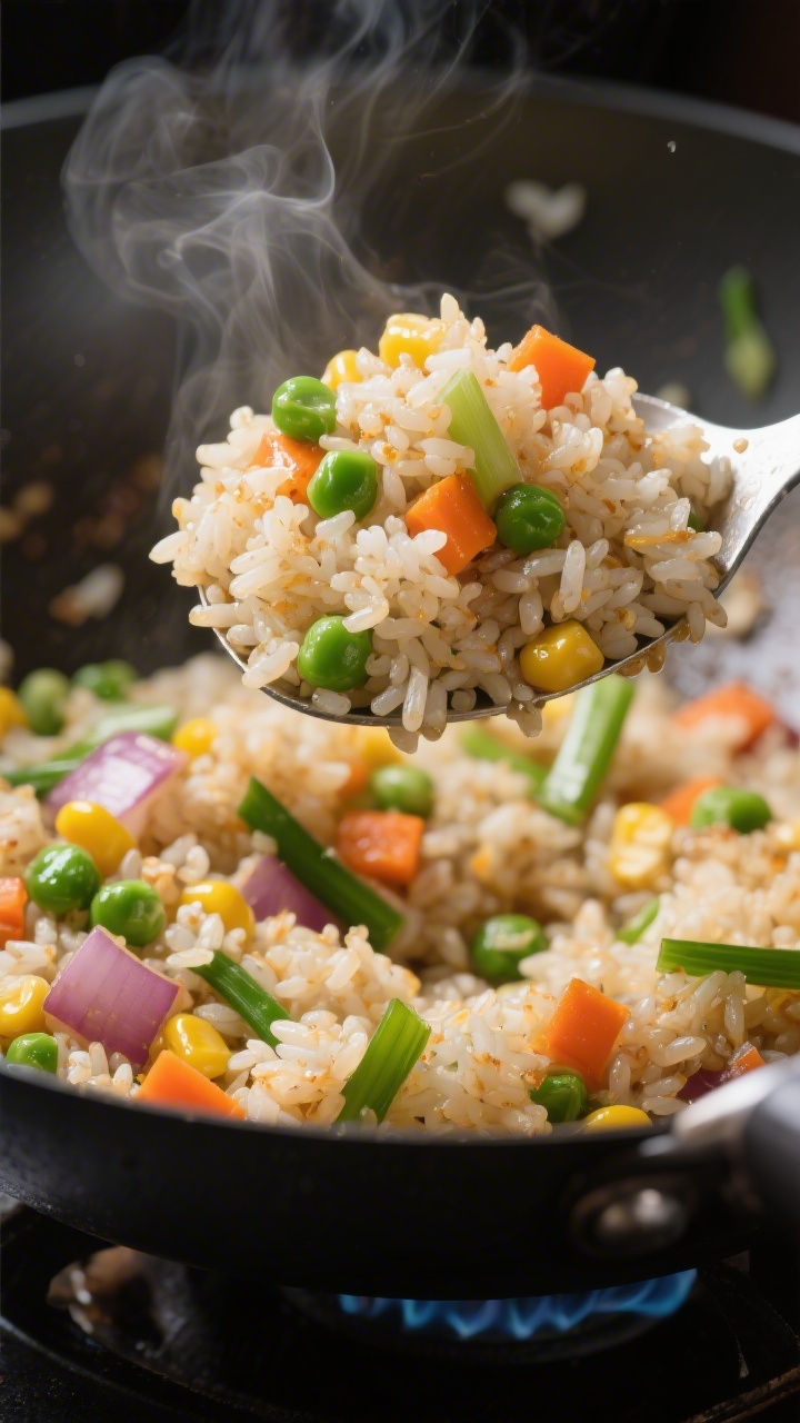 Close-up wok shot of Veggie-Packed Fried Rice: day-old jasmine rice tossed in neutral oil with finely diced onion, a colorful mix of frozen peas, carrots, and corn, plus scallions; individual rice grains separated and lightly toasted, glossy from the oil, steam visible; a metal spatula lifting a mound to show texture, bright greens and oranges popping against the neutral rice; high-heat stir-fry energy, minimal background distractions.
