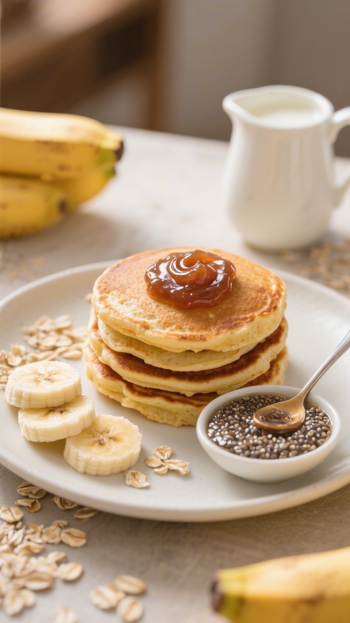 Cozy 45-degree angle breakfast scene of creamy banana oat pancake fingers stacked in a toddler-friendly portion, golden-brown with soft, tender crumb. A small dish of homemade chia jam swirled glossy and thick, with a spoon trail. Sliced bananas and a sprinkle of oats scattered on the plate, a small pitcher of milk nearby to hint at the batter. Warm, natural morning light, shallow depth of field highlighting the pancake texture and jam sheen.