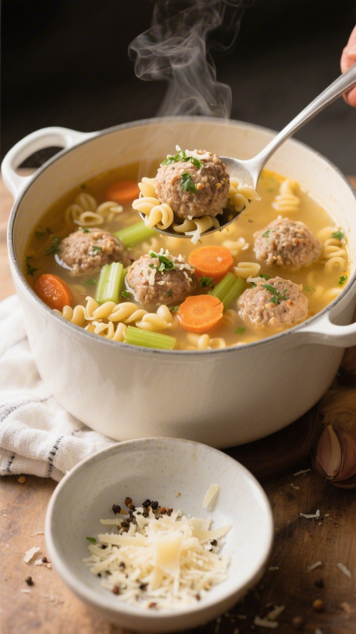 Cozy ingredient-to-bowl narrative at 45 degrees: a white soup pot filled with clear golden broth, tender turkey meatballs (parsley-flecked from Parmesan and breadcrumbs), tiny pasta (ditalini) floating, carrot coins and celery slices visible; seasoning notes of Italian seasoning, garlic powder, kosher salt, and black pepper evident in specks; ladle lifting a meatball and pasta for texture, steam rising; served beside a bowl sprinkled with extra Parmesan and cracked pepper, warm homey lighting.