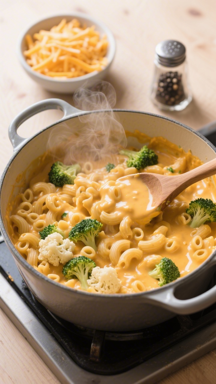 Cozy stovetop one-pot scene at a 45-degree angle: a Dutch oven filled with ultra-creamy macaroni and cheese made with elbow pasta, clearly visible small broccoli and cauliflower florets folded through the glossy sharp cheddar sauce. Steam gently rising, a wooden spoon partially submerged showing the thick, velvety coating. A small bowl of extra shredded sharp cheddar and a shaker of black pepper nearby on a light wood surface. Emphasis on the hidden cauliflower and broccoli speckling the sauce; creamy textures, comfort-food vibe, soft natural light.