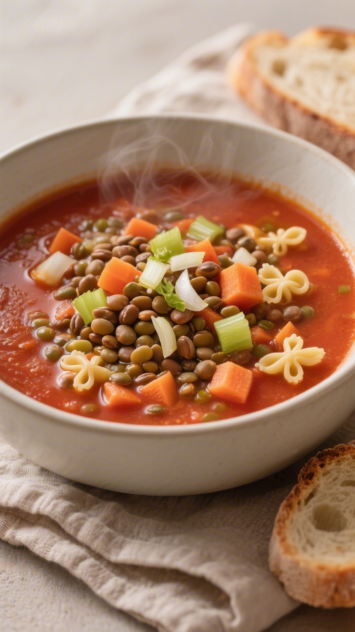 Cozy straight-on bowl shot of lentil tomato soup with tiny pasta: a deep bowl filled with a rich tomato base studded with tender brown/green lentils, very finely diced carrot, celery, onion, and tiny pasta shapes, finished with a drizzle of olive oil. Visible minced garlic notes, subtle steam, and a side slice of crusty bread on a linen. Warm, inviting tones, focus on hearty, slurpable texture and vegetable dice.