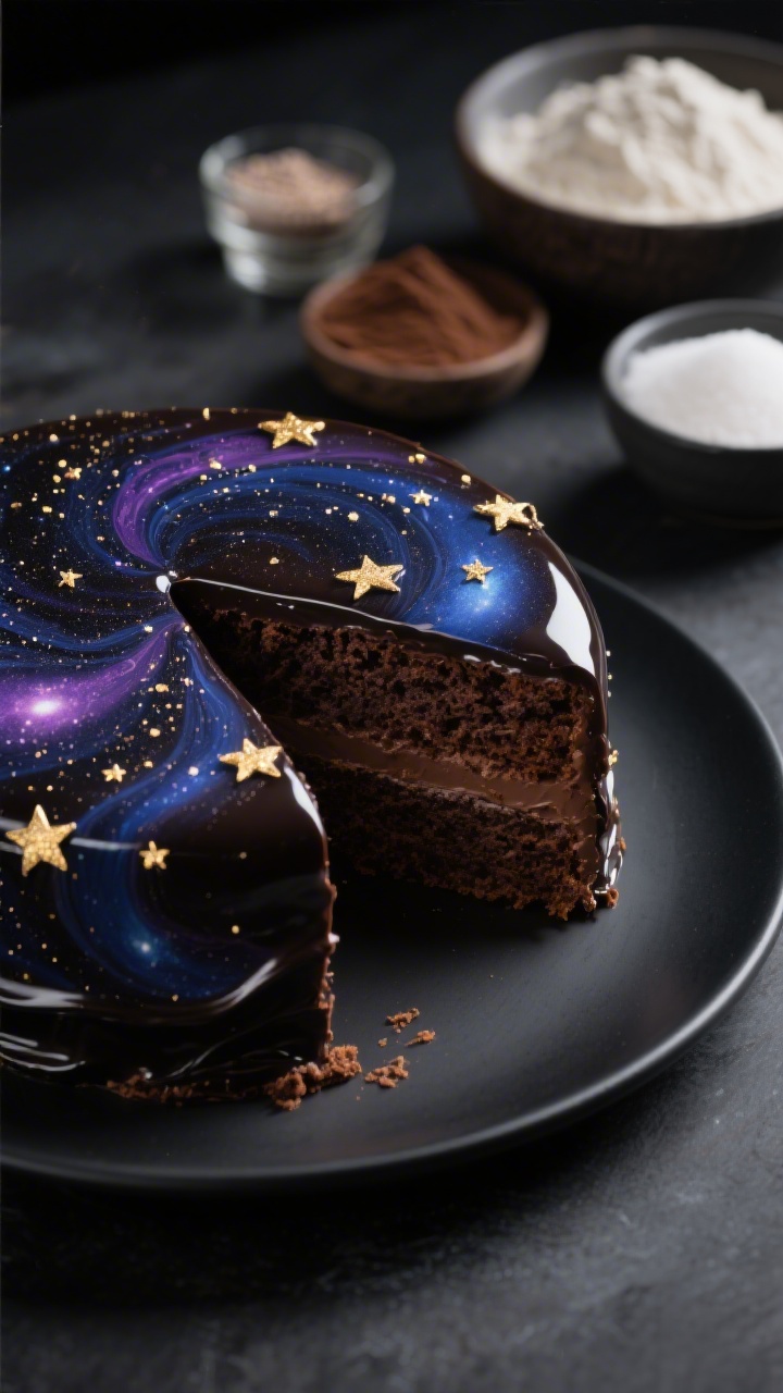 Dramatic close-up of the Chocolate Galaxy Cake With Starry Night Ganache: deep cocoa layers enrobed in a mirror-like dark chocolate ganache marbled with midnight blue and purple swirls, speckled with edible gold “stars”; a clean slice on a matte black plate reveals ultra-moist crumb from Dutch-process cocoa; include a minimalist ingredients vignette in the background—bowls of all-purpose flour, Dutch-process cocoa powder, baking powder, baking soda, fine salt, and granulated sugar—softly out of focus; moody side lighting for high contrast and shine, making the ganache look luscious and cosmic.