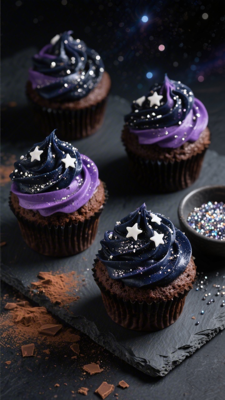 Dramatic overhead shot of Galaxy Night-Sky Cupcakes: deep chocolate cupcakes (cocoa powder, all-purpose flour, baking powder, baking soda, salt) with a rich crumb sweetened by granulated sugar and light brown sugar, and velvety vanilla undertone. Swirled galaxy frosting in midnight navy, purple, and black with edible silver stardust and tiny white “star” sprinkles. Set on a dark slate with scattered cocoa and a small bowl of shimmering sprinkles, moody side lighting to enhance cosmic sheen, high contrast, no people.