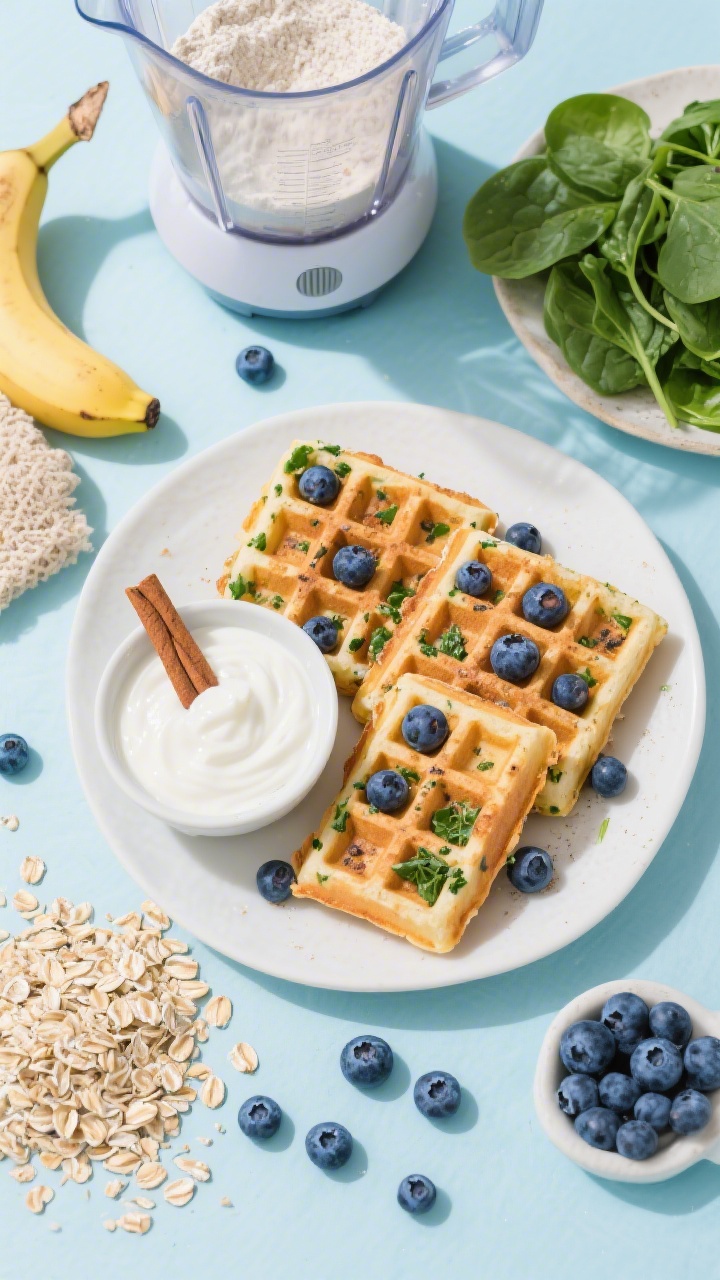 Dynamic overhead flat lay of blueberry spinach blender waffles: petite waffles with visible flecks of baby spinach and burst blueberries, lightly crisped grid, sprinkled with a touch of cinnamon; served with a small bowl of plain yogurt dip for dunking; surrounding ingredients include rolled oats, whole-wheat flour, a ripe banana, fresh blueberries, and a handful of spinach near a blender jar; bright, kid-friendly styling, high contrast to pop the greens and blues.