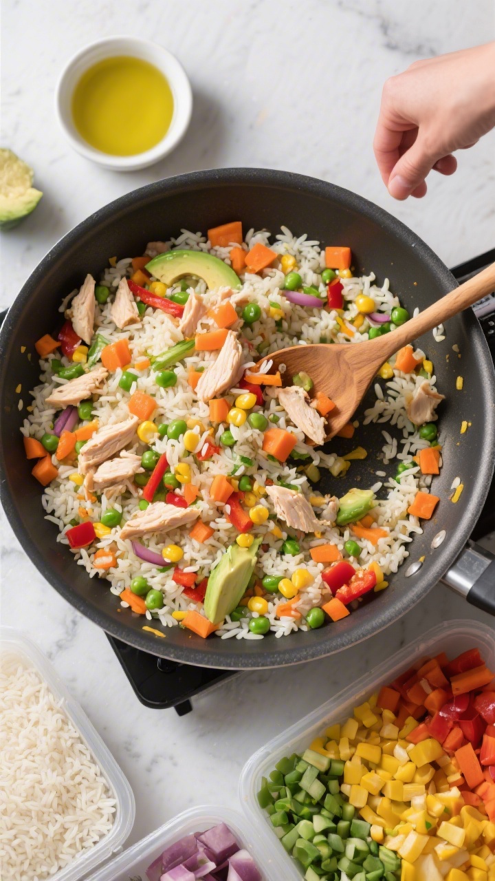 Dynamic overhead flat lay of rainbow chicken veggie fried rice in a large nonstick skillet, grains distinct and glossy from avocado/canola oil. Finely chopped cooked chicken and a rainbow of diced vegetables (carrot orange, peas green, corn yellow, bell pepper red) folded through day-old jasmine/basmati rice. Wooden spoon mid-stir, a small dish of neutral oil nearby, and containers of prepped, chilled rice and finely chopped veggies framing the scene. Vibrant, freezer-friendly batch-cook mood, no hands.