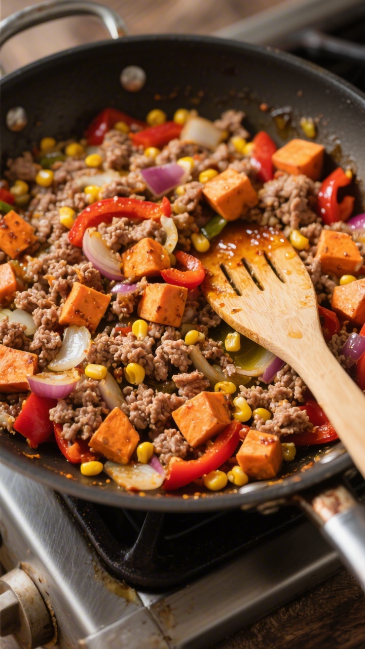 Dynamic skillet-in-action overhead shot of a Cozy Turkey Taco Skillet: lean ground turkey crumbles, diced sweet potato cubes, onion, and red bell pepper sautéing together, with pops of yellow corn kernels; edges caramelized, a wooden spatula resting on the pan; warm, taco-spiced color palette, olive oil glistening; rustic stove-side scene, minimal props, inviting family-dinner mood.
