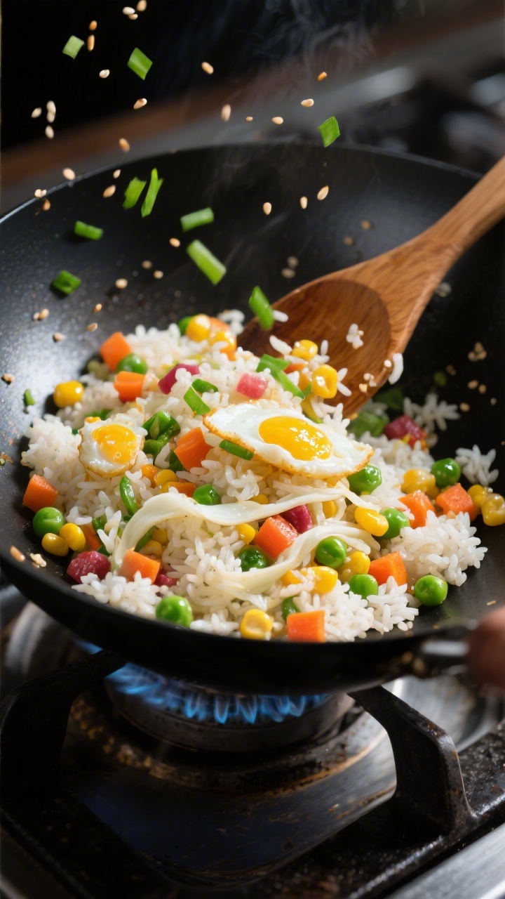 Dynamic wok action shot at 45 degrees of rainbow fried rice with egg ribbons: fluffy chilled jasmine rice tossed with vibrant frozen mixed vegetables (peas, carrots, corn), wisps of tender egg ribbons, a sheen from neutral oil, and a hint of sesame aroma. Garnished with finely sliced green onion. Glossy black wok on a stovetop, a wooden spatula in frame, grains separate and glistening, colorful pops against the white rice, high-heat stir-fry energy.
