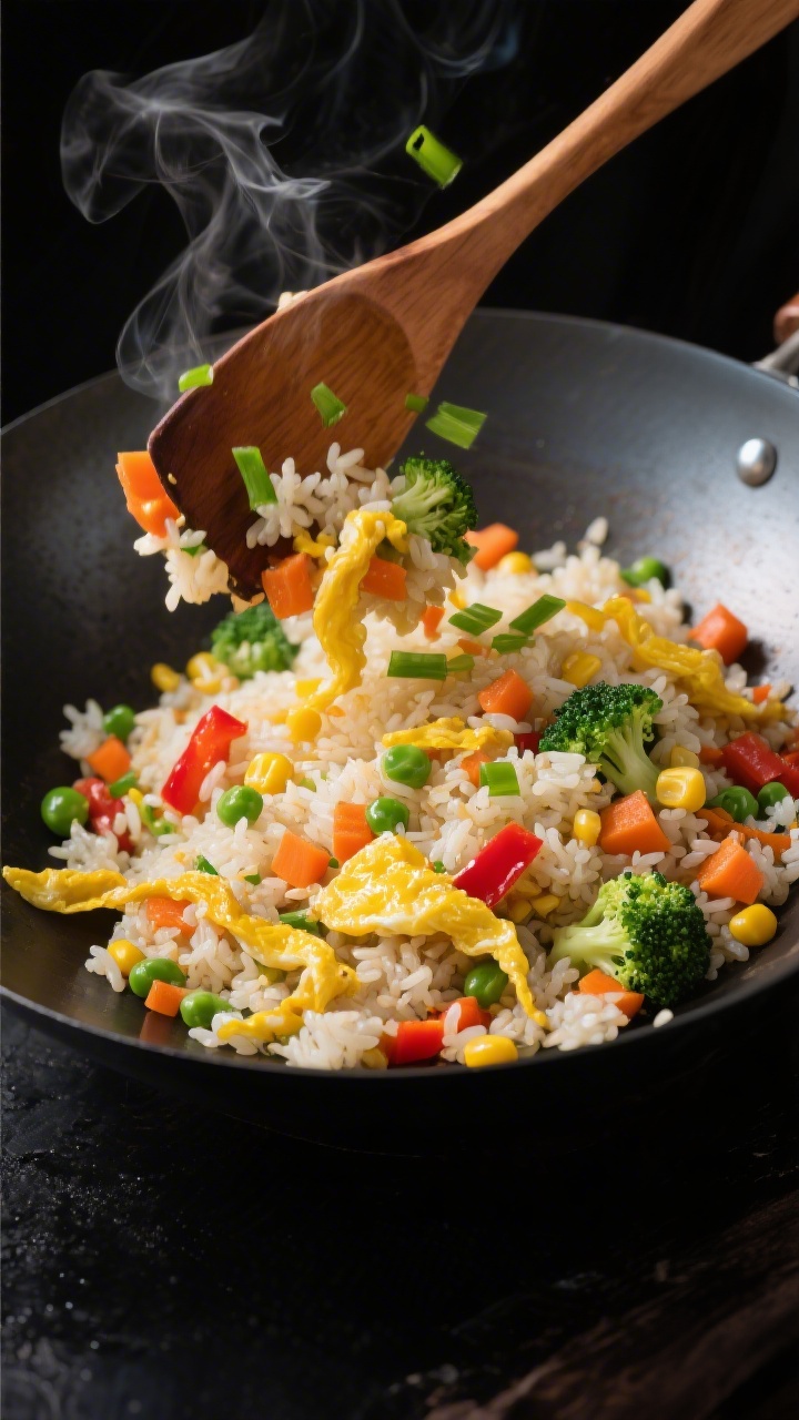 Dynamic wok action shot at 45 degrees of rainbow veggie fried rice with egg ribbons: fluffy day-old rice tossed with diced carrots, peas, corn, red bell pepper, and finely chopped broccoli; delicate yellow egg ribbons folded throughout and sliced green onions sprinkled on top; glossy soy-sheen grains, a wooden spatula mid-toss, light steam rising, dark carbon-steel wok on a matte black surface for contrast.