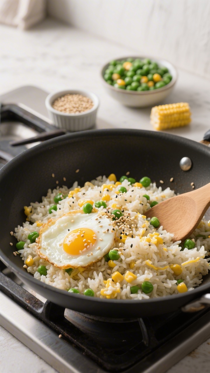Dynamic wok-side 45-degree angle of five-minute egg fried rice: fluffy day-old rice tossed with soft scrambled ribbons of egg, bright peas, sweet corn, and a light sesame sheen; a few toasted sesame seeds sprinkled on top; minimal neutral oil gloss, a wooden spatula mid-stir resting on the wok’s edge; styled on a stovetop with a small ramekin of extra sesame and a bowl of frozen peas and corn kernels in the background, vibrant and fast weeknight energy