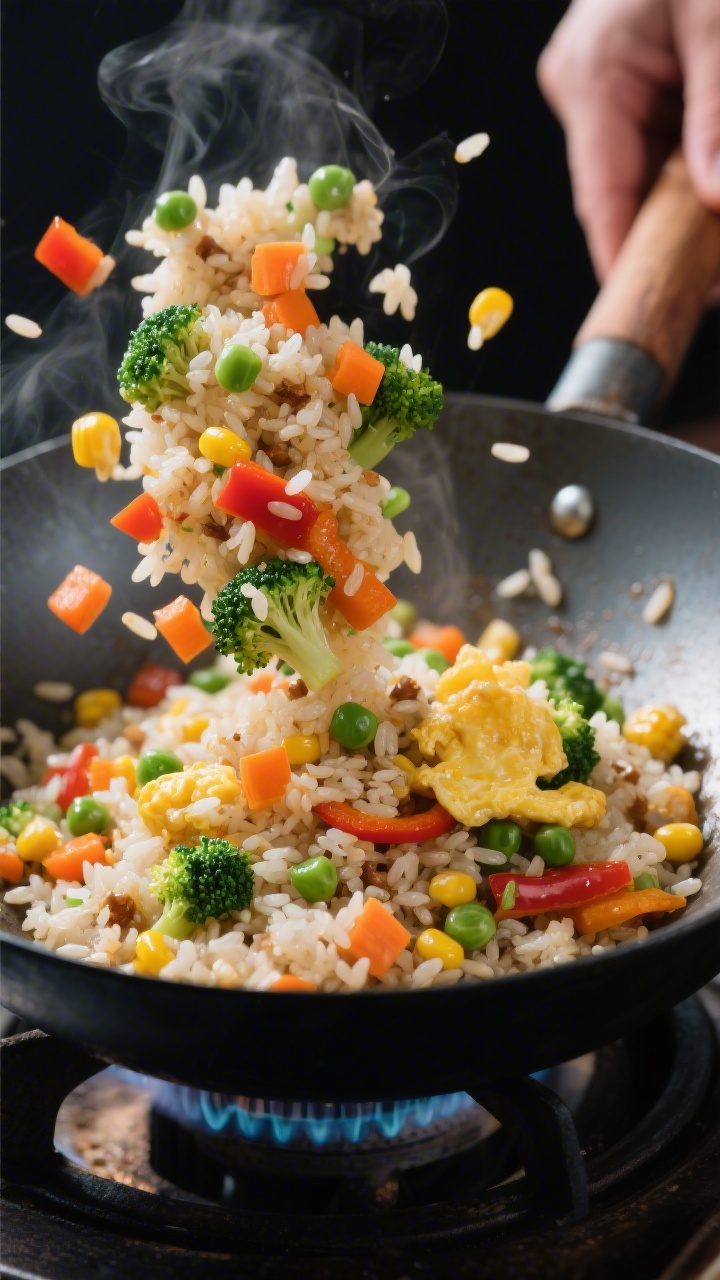 Dynamic wok-side close-up of rainbow veggie fried rice mid-toss: individual grains of cooled white/brown rice glistening, colorful pops of finely diced carrot, peas, corn, and bell pepper with tiny broccoli florets; soft curds of eggy scramble woven throughout; a light soy sheen, wisps of steam, and a dark carbon-steel wok over a burner; shallow depth of field to emphasize texture and vibrant colors, no utensils visible in hand.
