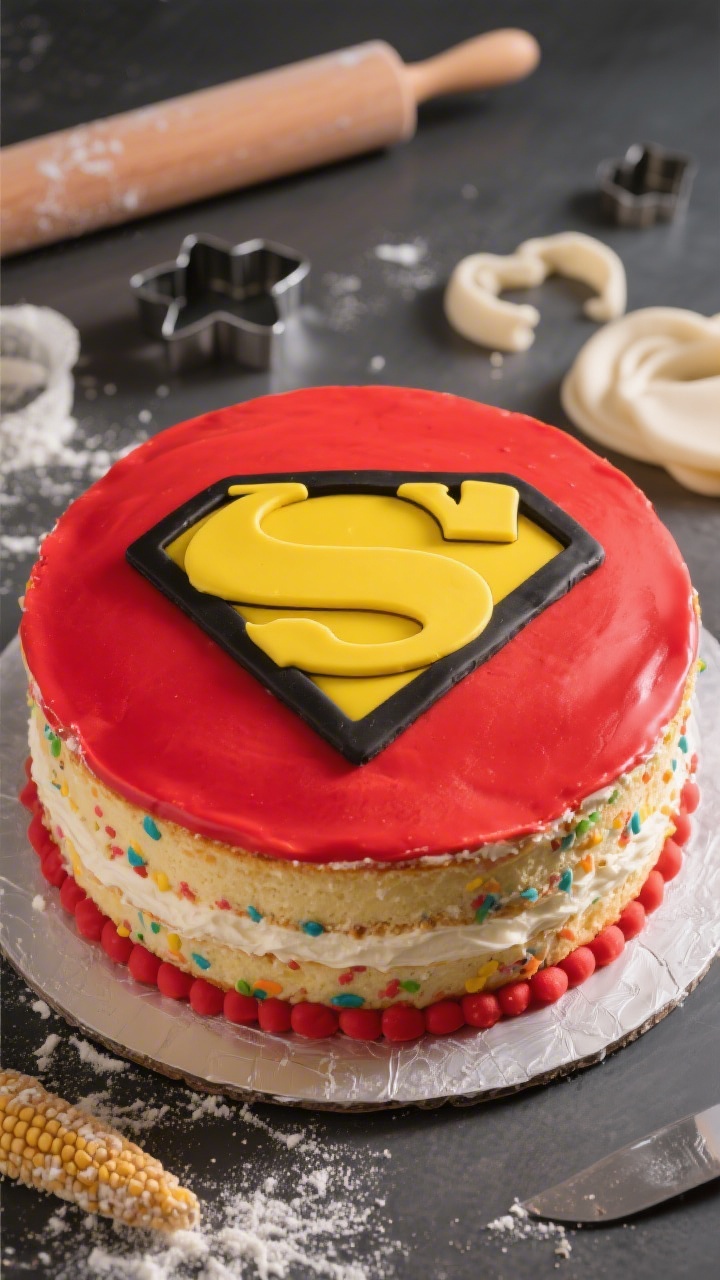 Hero-style straight-on shot of a Superhero Emblem Layer Cake: three 8-inch vanilla or funfetti layers smoothly coated in vanilla buttercream, wrapped with flawless red fondant, a bold yellow fondant emblem centered and outlined with black fondant for comic-book contrast; cornstarch-dusted fondant tools, rolling pin, and cutters subtly placed in the background; saturated colors, sharp lines, glossy fondant sheen, dramatic yet clean studio lighting for a powerful comic pop.