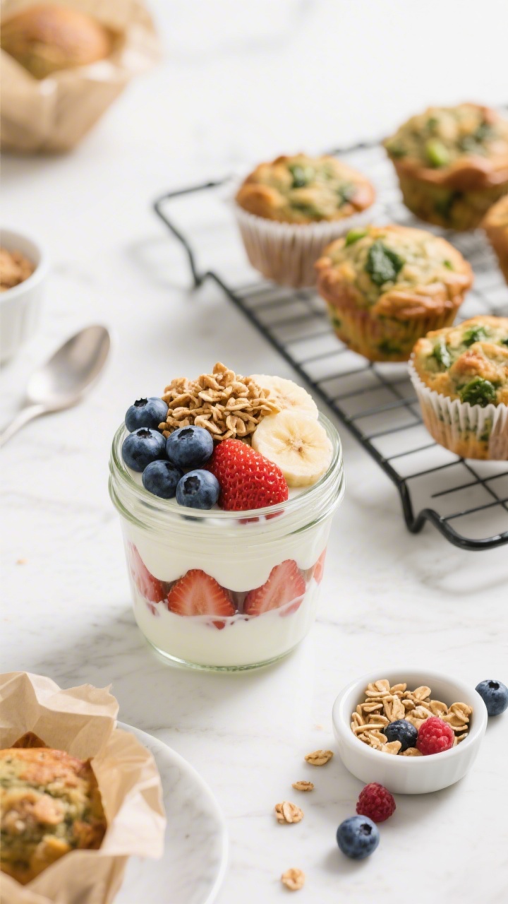 Ingredient-and-final combo scene at a 45-degree angle: a yogurt-parfait power jar layered with plain Greek yogurt, fresh berries (blueberries, strawberries), sliced banana, and a crown of low-sugar granola; beside it, a cooling rack with “hidden veg” muffins partially wrapped in parchment. A small bowl of extra granola and scattered berry accents add color; bright, wholesome morning vibe, high clarity and appetizing contrast.