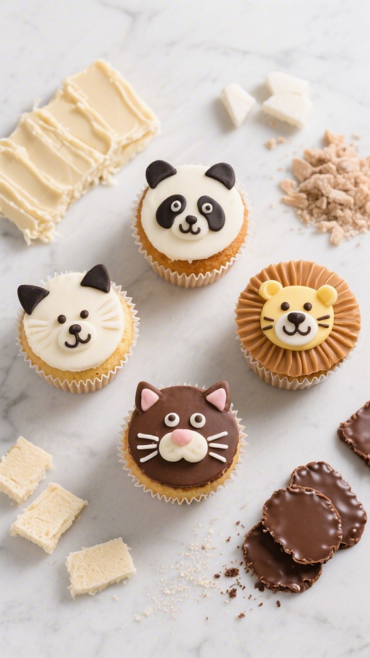 Ingredient-and-final hybrid for Build-Your-Own Animal Face Cupcakes, overhead flat lay: a central trio of finished cupcakes decorated as a panda, cat, and lion using the vanilla base from Recipe 1 and chocolate base from Recipe