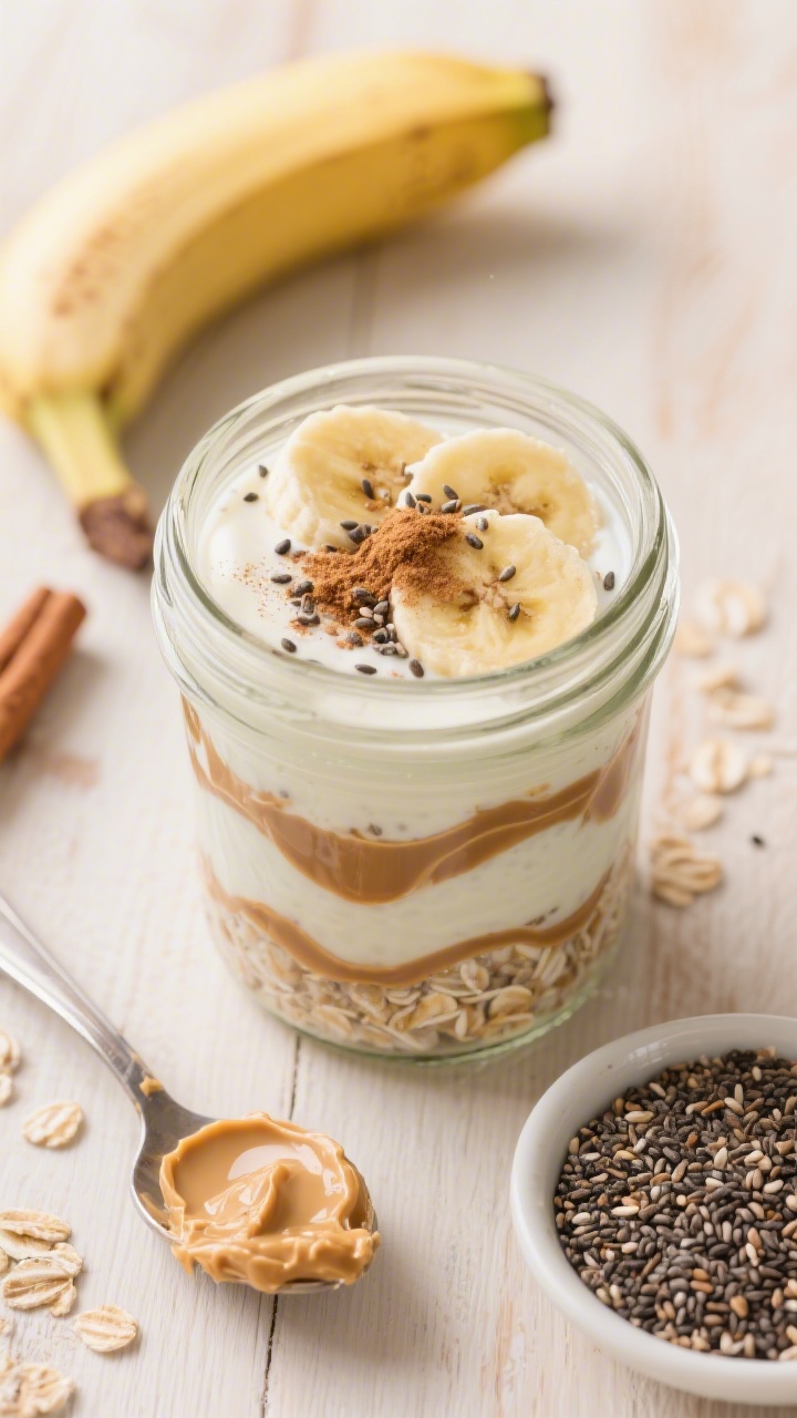 Ingredient-focused overhead of peanut butter banana overnight oats in a glass jar: visible layers of rolled oats, milk and plain Greek yogurt blended base, mashed banana swirled in, smooth peanut butter ribboned through, and chia seeds sprinkled on top; a pinch of cinnamon dusted. Surrounding props include half a ripe banana, a spoon with a smear of peanut butter, and a small dish of chia seeds on a light wooden surface.