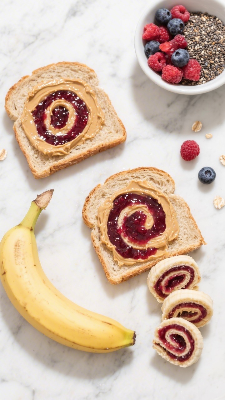 Ingredient-prep overhead shot of banana-oat PB&J roll-ups with hidden chia jam: two crustless slices of soft whole wheat/oat bread flattened slightly; creamy peanut butter spread edge-to-edge; a small ripe banana positioned for rolling; a small bowl of quick chia jam made from thawed frozen mixed berries; finished roll-ups sliced into bite-size spirals with jewel-toned berry swirl; minimal, bright styling on a marble surface, clean lines, vibrant berry color pop.