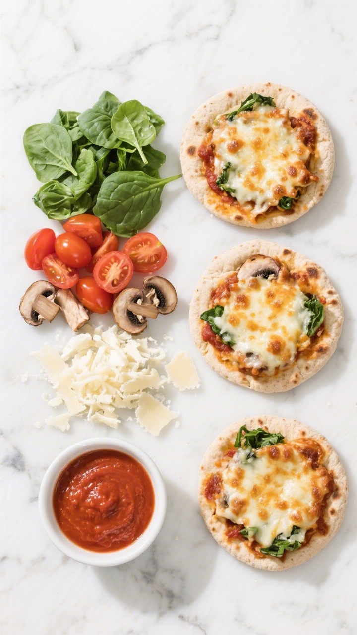 Ingredient-to-final transition flat lay for Veggie-Loaded Mini Pita Pizzas: on the left, neat piles of chopped baby spinach, halved cherry tomatoes, sliced mushrooms, shredded part-skim mozzarella, grated Parmesan, and a small bowl of speedy marinara; on the right, assembled mini whole-wheat pita pizzas baked until cheese is bubbly and lightly browned; bright, colorful Mediterranean feel, crisp styling on a marble surface, no hands.