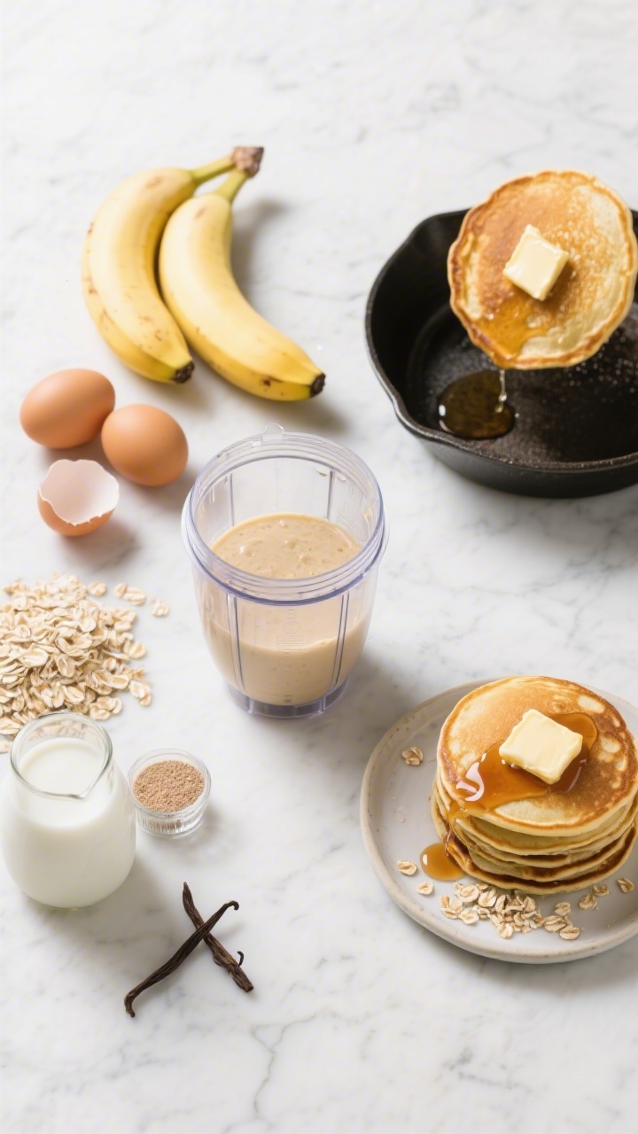 Ingredient-to-finish storyboard flat lay on a light marble surface: at left, raw elements neatly arranged—ripe banana, rolled oats, two eggs, milk, baking powder, vanilla; center, a blender jar with the pancake batter; right, a small skillet with golden banana oat pancakes mid-flip, a pat of butter melting and edges crisping; a finished stack on a tiny plate with a drizzle of maple and a few oat crumbs, bright, clean styling for a wholesome breakfast vibe.