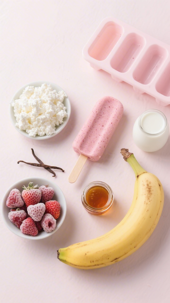 Ingredients flat lay transitioning to process: cottage cheese, a ripe banana, frozen strawberries, milk, vanilla, and a small jar of maple syrup arranged neatly; beside them, a popsicle mold half-filled with the blended pink smoothie mixture; frosty berries add texture, clean pastel background for a fresh breakfast-on-a-stick mood.