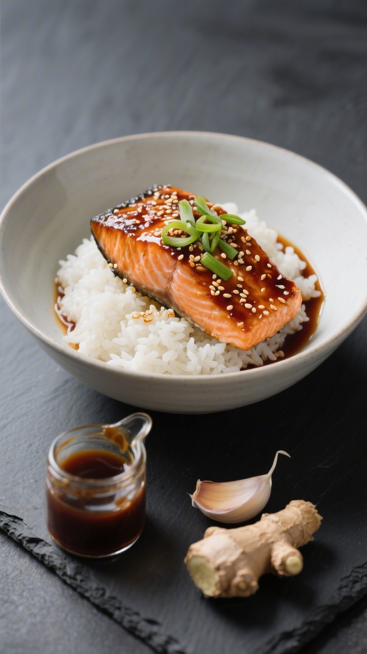 Minimalist bowl composition at a 45-degree angle: teriyaki-glazed salmon fillets, lacquered and sesame-studded, served over fluffy white rice in wide bowls. The sauce reflects soy, honey, rice vinegar, and a hint of mirin; finely sliced scallions and a sprinkle of toasted sesame seeds add freshness. A small pouring jar with remaining teriyaki sauce, and a halved garlic clove and knob of ginger set to the side on a dark slate surface. Clean, modern styling, glossy glaze highlights, appetizing contrast of caramelized edges and white rice.