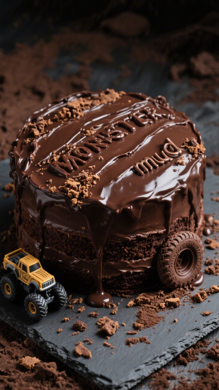 Overhead action shot of a Monster Truck Mud-Slide Cake: a rich chocolate layer cake made with all-purpose flour, unsweetened cocoa powder, granulated sugar, baking powder, baking soda, fine salt, and two large eggs, frosted dark with glossy chocolate “mud,” cookie-crumb tracks carved across the top and sides, chocolate splatters and crumbs scattered on a matte slate board; a toy-size monster truck tire imprint pressed into the crumb track for texture; moody lighting to emphasize the deep cocoa tones and muddy shine, no people.
